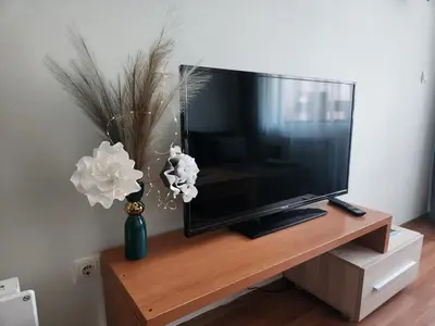 a television on a wooden stand with flowers in a vase at Elegant Apartment Ski Access Premium Spa in Bansko