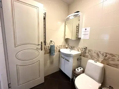 a bathroom with a toilet and a sink and a mirror at Cosy 2-bedroom apartment near the ski road Bansko in Bansko