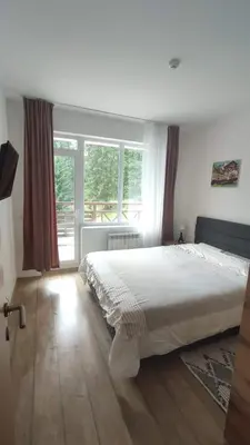 a bedroom with a large bed and a large window at Sun Stream Apartment in Pamporovo