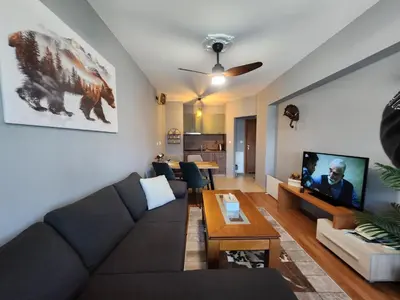 a living room with a couch and a tv at Exclusive Ski and Spa Paradise Stylish Apartment in Bansko