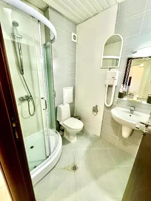 a bathroom with a shower and a toilet and a sink at Exclusive Ski and Spa Paradise Stylish Apartment in Bansko