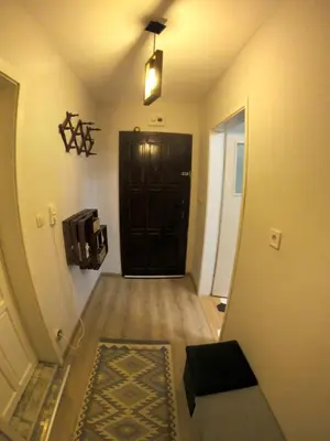 a hallway with a black door and a rug at Mini Quiet Central Studio in Pazardzhik