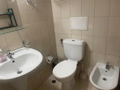 a bathroom with a white toilet and a sink at 27 Monastery in Bansko