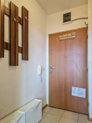 a bathroom with a wooden door and a phone at Mountain View Studio, Steps from Bansko Gondola by Flat Mаnager in Bansko