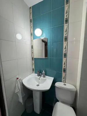 a bathroom with a sink and a toilet and a mirror at La Mont Apartment Bansko in Bansko