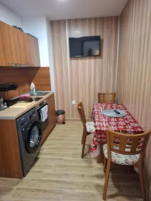 a kitchen with a table and a washing machine at Двуспален апартамент Милена в хотел Росица,Пампорово in Pamporovo