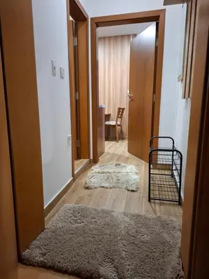 a hallway with a mirror and a rug on the floor at Двуспален апартамент Милена в хотел Росица,Пампорово in Pamporovo