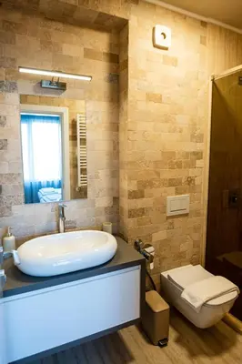 a bathroom with a sink and a toilet at Къщи за гости ПАВЛЕВСКИ in Banya