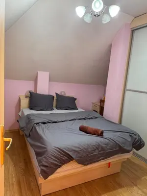 a bedroom with a large bed with pink walls at Mall Bulgaria Apartment in Sofia