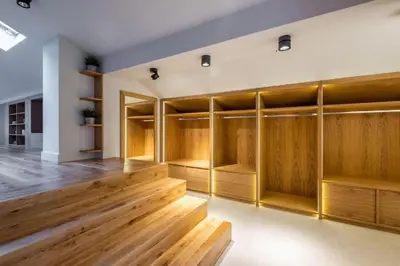 a room with wooden lockers in a building at Luxurious House in an Exclusive Complex, Mount View in Sofia
