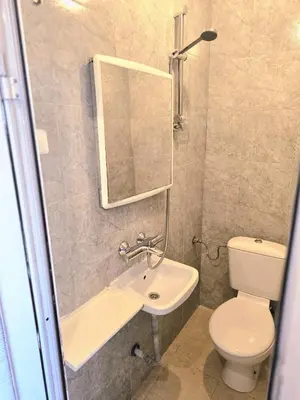 a bathroom with a sink and a toilet and a mirror at The Little Pearl of Sofia in Sofia