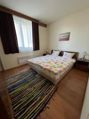 a bedroom with a bed and a large rug at Edelweiss Apartment in Bansko