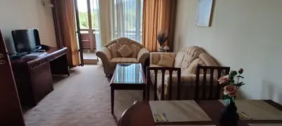 a living room with a couch and chairs and a tv at Downtown Resort Bansko- Eliko Suite in Bansko