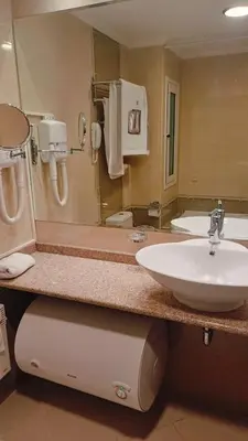 a bathroom with a sink and a toilet and a mirror at Downtown Resort Bansko- Eliko Suite in Bansko