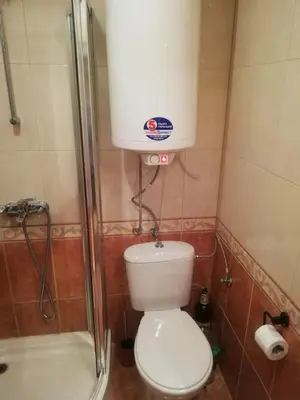 a small bathroom with a toilet and a shower at Уютен апартамент за зимна почивка в Пампорово in Pamporovo