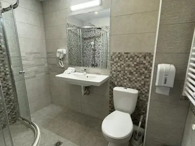 a bathroom with a toilet and a sink and a shower at Семеен хотел БОНЖУР in Panagyurishte