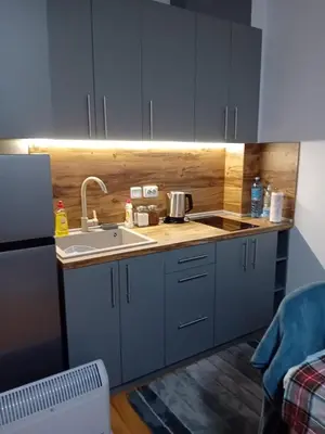 a small kitchen with a sink and a refrigerator at Mountain view Lux Apartment in Bansko