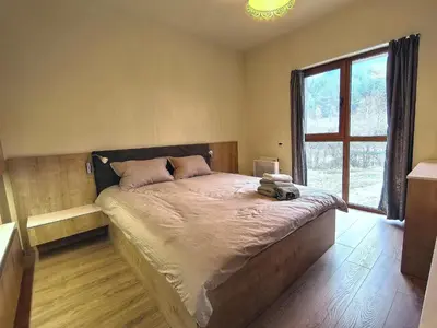 a bedroom with a large bed and a window at Woodsy views 1 bedroom apartment in Bansko