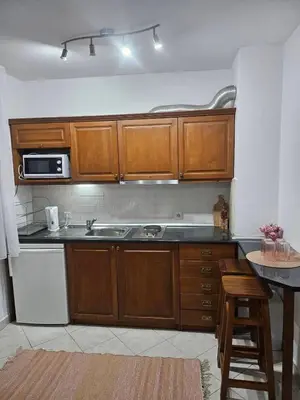 a kitchen with wooden cabinets and a sink at Gondola Peak Apartment in Bansko