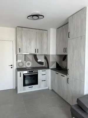 a kitchen with wooden cabinets and a stove at Lovely Stylish Brand New Flat in Sofia