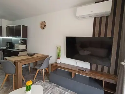 a living room with a large flat screen tv on a wall at Ski cosy apartment 5 in Bansko
