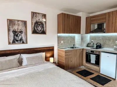 a bedroom with a bed and a kitchen at Pirin Apartament in Bansko