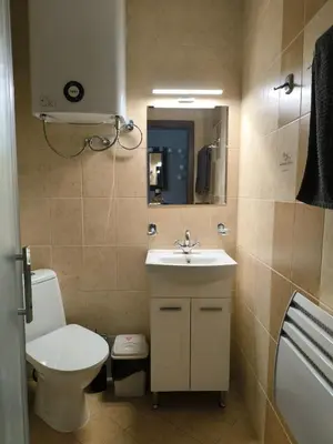 a bathroom with a sink and a toilet and a mirror at Snowflake- Luxury stay with a Bottle of Wine,free Parking and SPA in Royal Park in Bansko