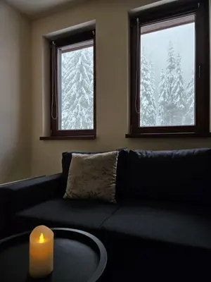 a living room with a couch with a candle and two windows at Студио Алтом in Pamporovo