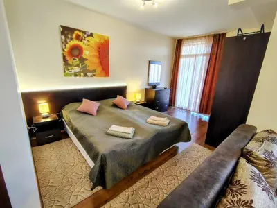 a bedroom with a bed and a couch in it at Great view studio Pirin Palace in Bansko