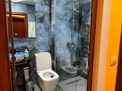 a bathroom with a toilet and a shower at Green life Bansko -view one bedroom apartment in Bansko