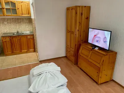 a kitchen with a tv on top of a dresser at Вила Стряма in Hisarya