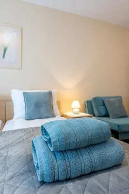a bedroom with a bed with a blue pillow and a couch at Silver Ridge Studio by SI Stay in Razlog