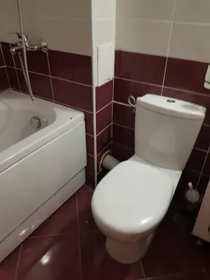 a bathroom with a white toilet and a bath tub at Костадинов 1 in Pamporovo