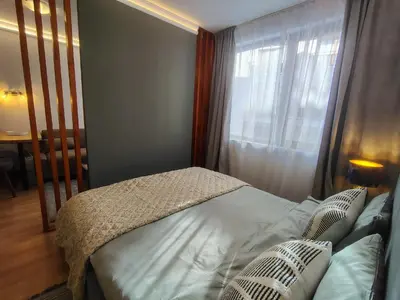 a bedroom with a bed and a window at Ski lift studio in Bansko