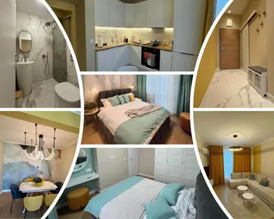 a collage of pictures of a bathroom and a bedroom at Homely Apartment in Lozenets Sofia in Sofia