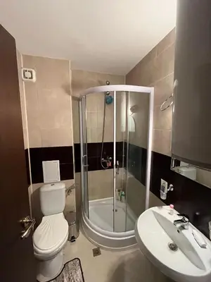 a bathroom with a shower and a toilet and a sink at Balkan Heights Apartment in Bansko
