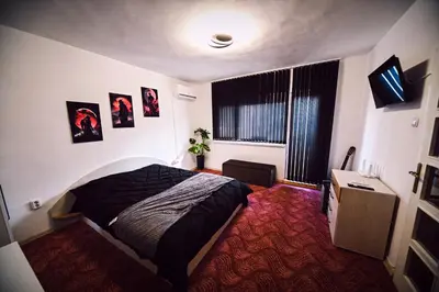 a bedroom with a black bed and a window at Апартамент Япония in Blagoevgrad