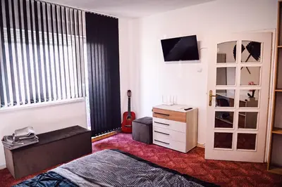 a bedroom with a bed and a dresser and a guitar at Апартамент Япония in Blagoevgrad