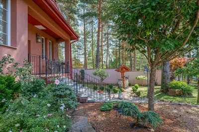 a house with a staircase next to a tree at The Exquisite Residence in Zheleznitsa