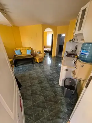 a kitchen and living room with yellow walls at Apartment Tinka in Sofia