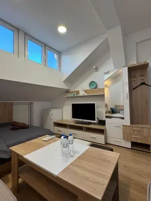 a living room with a table and a tv at Cozy High-Street Loft in Sofia's Best Central Location in Sofia