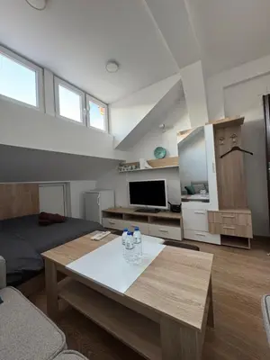 a living room with a table and a couch at Cozy High-Street Loft in Sofia's Best Central Location in Sofia