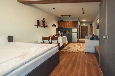 a bedroom with a large bed and a kitchen at Mirror Lake Studio in Samokov