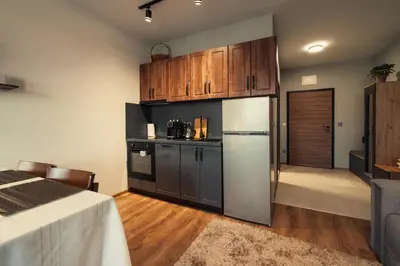 a kitchen with wooden cabinets and a refrigerator at Mirror Lake Studio in Samokov