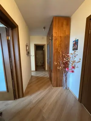 a hallway with a vase of flowers in a room at Pirin Golf View Apartment Bansko in Bansko