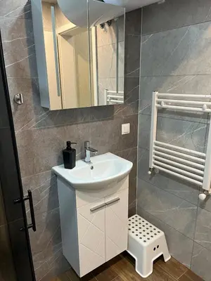 a bathroom with a sink and a mirror at Comfort Airport Metro Suite in Sofia