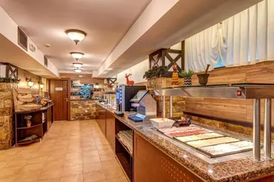 a restaurant kitchen with a counter with a counter top at Dream View Family Retreat in Pamporovo