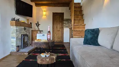 a living room with a couch and a fireplace at Вили Панорама Лещен in Leshten