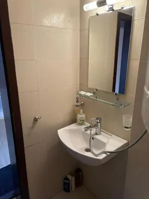 a bathroom with a sink and a mirror at Bansko Spomar in Bansko