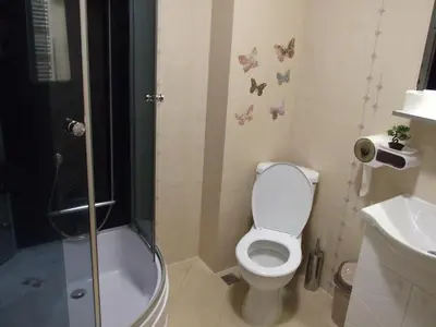 a bathroom with a toilet and a shower and a sink at Апартамент за гости 